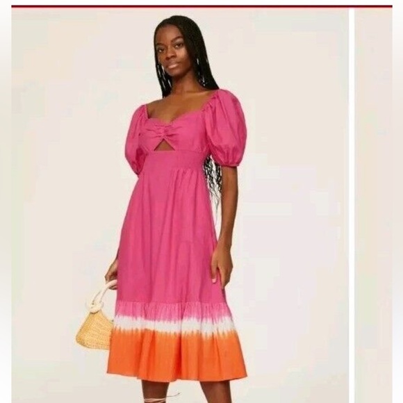 Pre-lived Sachin + Babi Vibrant Pink and Orange Bri Midi Dress Size 8 - Picture 1 of 7